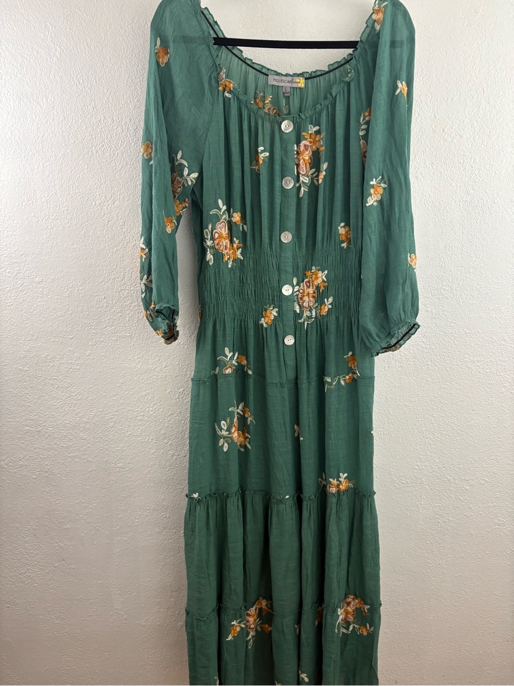 Figueroa & Flower green embroidered floral long sleeve tiered midi dress size L
